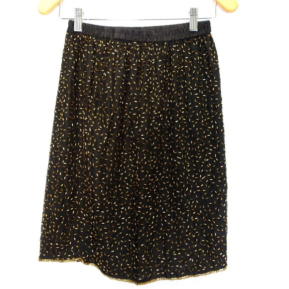 Vintage‎ Skirt Womens Black Midi A Line Sequins Party Slit Side Allover Gold - Picture 1 of 4